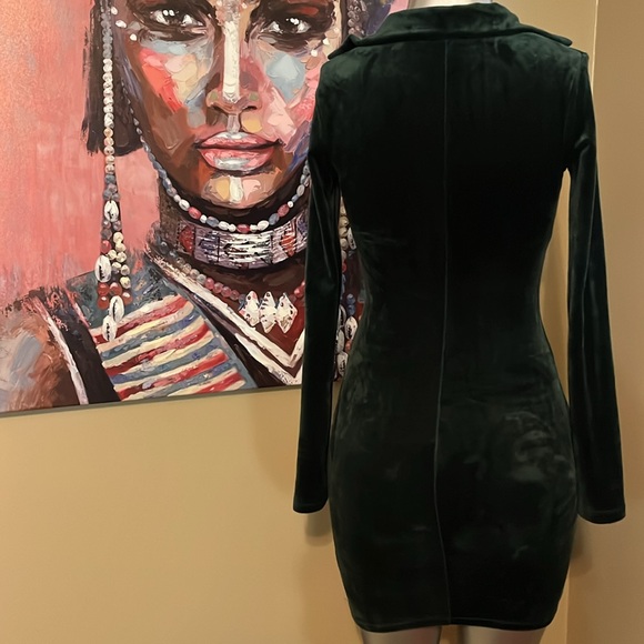 Fashion Nova velour mini dress collared velvet like size xs green sleeves long - Picture 6 of 9